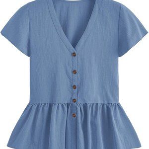 Verdusa Women's Casual V Neck Single Breasted Ruffle Hem Peplum Blouse Tops Blue